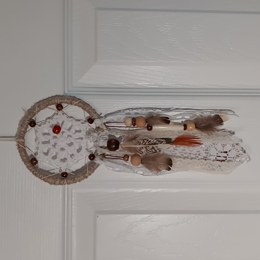 Handmade Dream Catcher Vintage Doily/ Lace Carnelian Stone & Pheasant Feathers